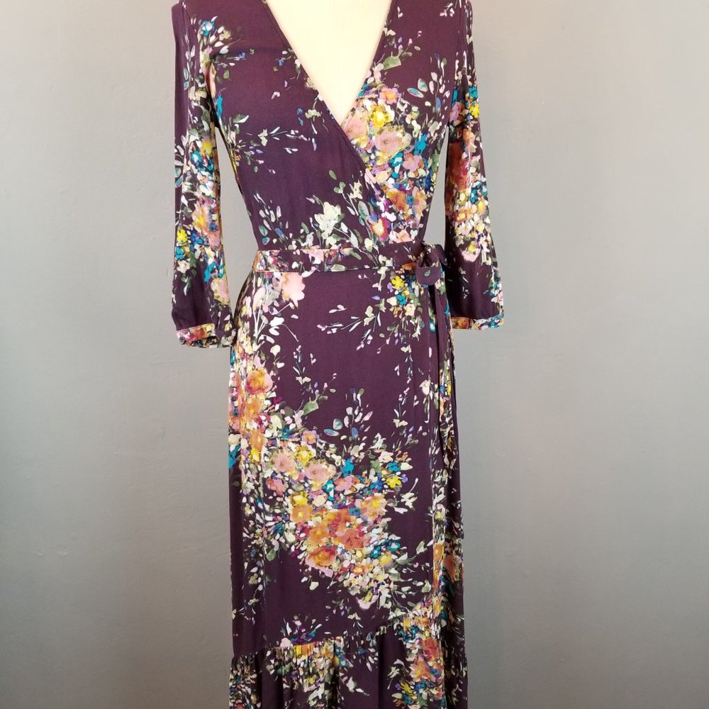 Lovestitch Women's Size Small Deep Purple Floral Wrap Dress Tiered Hem